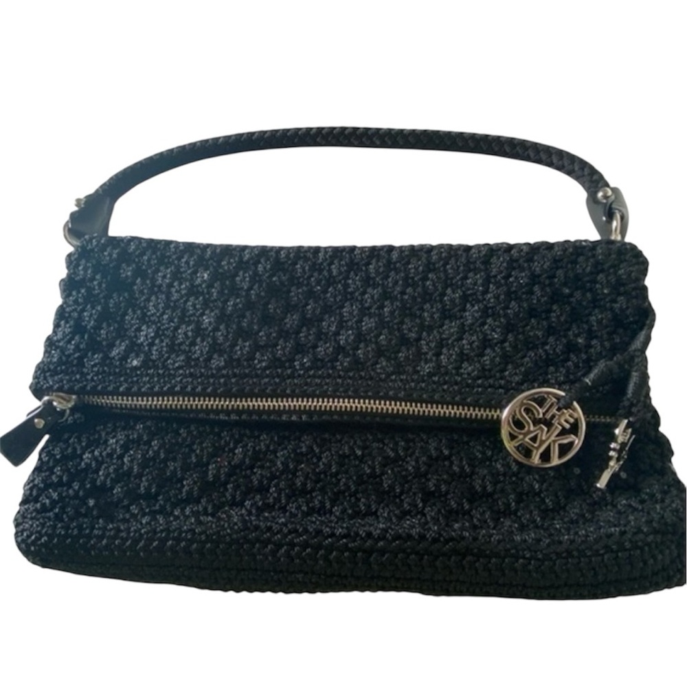 Sak black crochet woven knit mini clutch wristlet bag